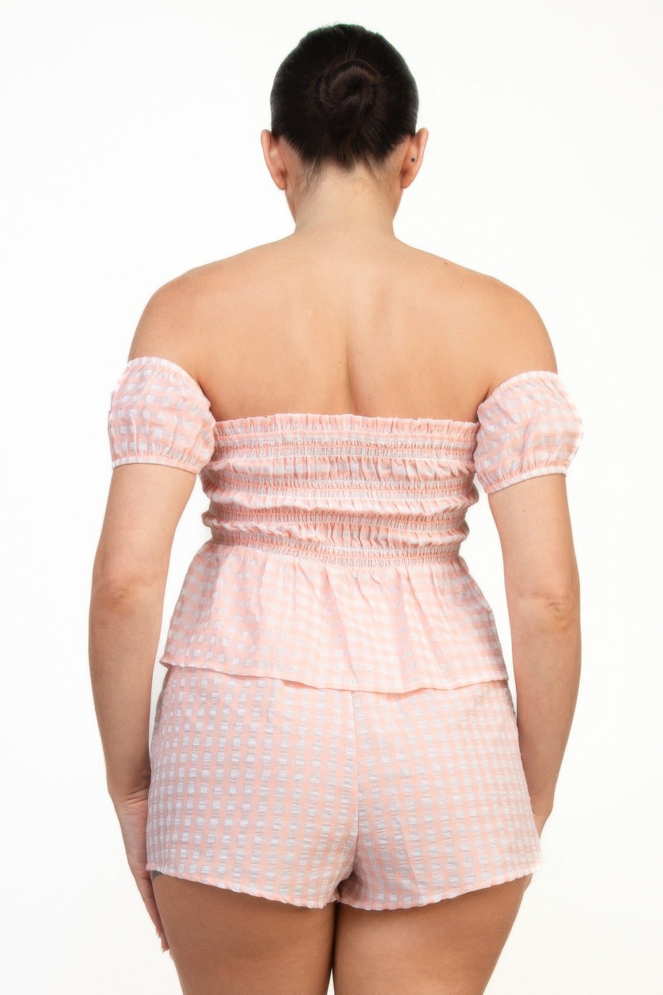 Off - shoulder Smock Gingham Top & Mini Short Sets - Wear Arielle