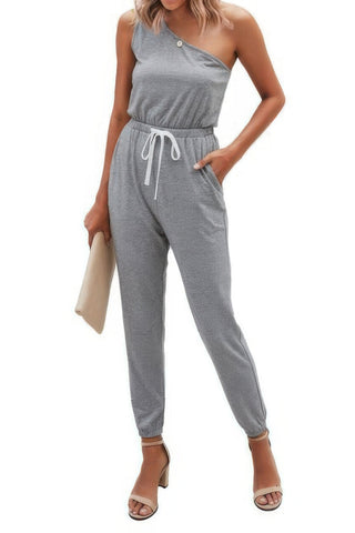 One Shoulder Sleeveless Elastic Waist Jumpsuit - Wear Arielle