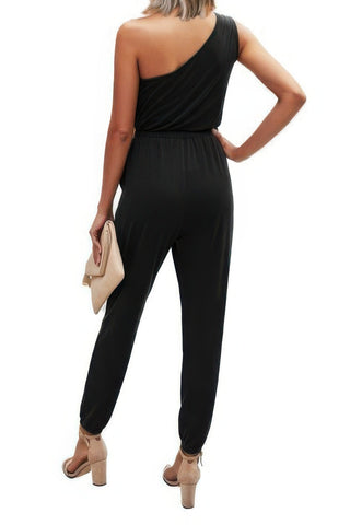 One Shoulder Sleeveless Elastic Waist Jumpsuit - Wear Arielle