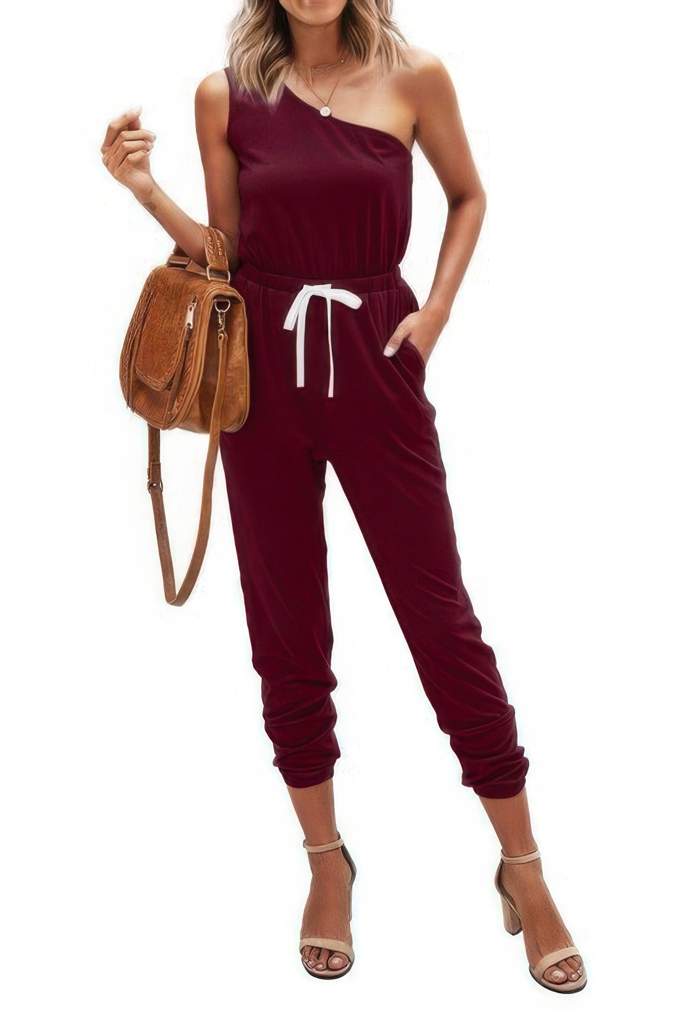 One Shoulder Sleeveless Elastic Waist Jumpsuit - Wear Arielle