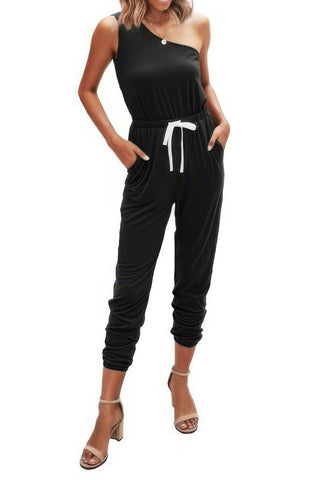 One Shoulder Sleeveless Elastic Waist Jumpsuit - Wear Arielle