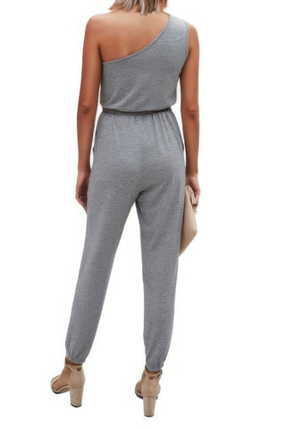 One Shoulder Sleeveless Elastic Waist Jumpsuit - Wear Arielle
