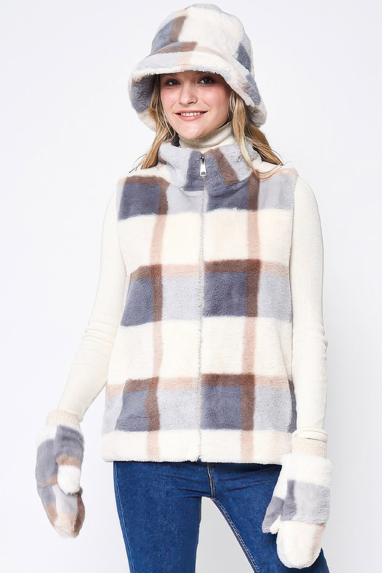 Plaid Faux Fur Vest - Wear Arielle