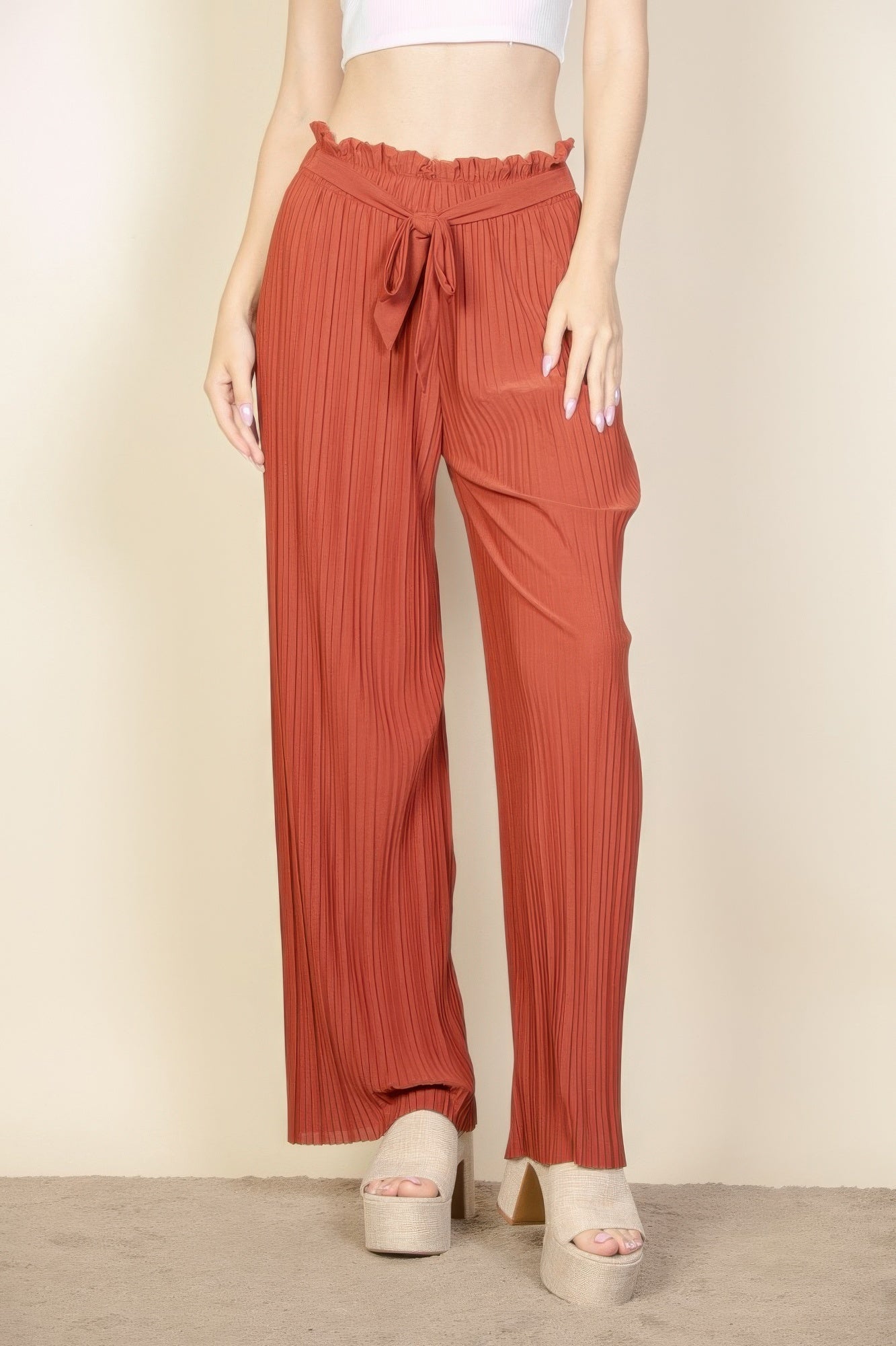 Pleated Stretch Crepe Pull - on Wide Leg Tie Front Pants - Wear Arielle