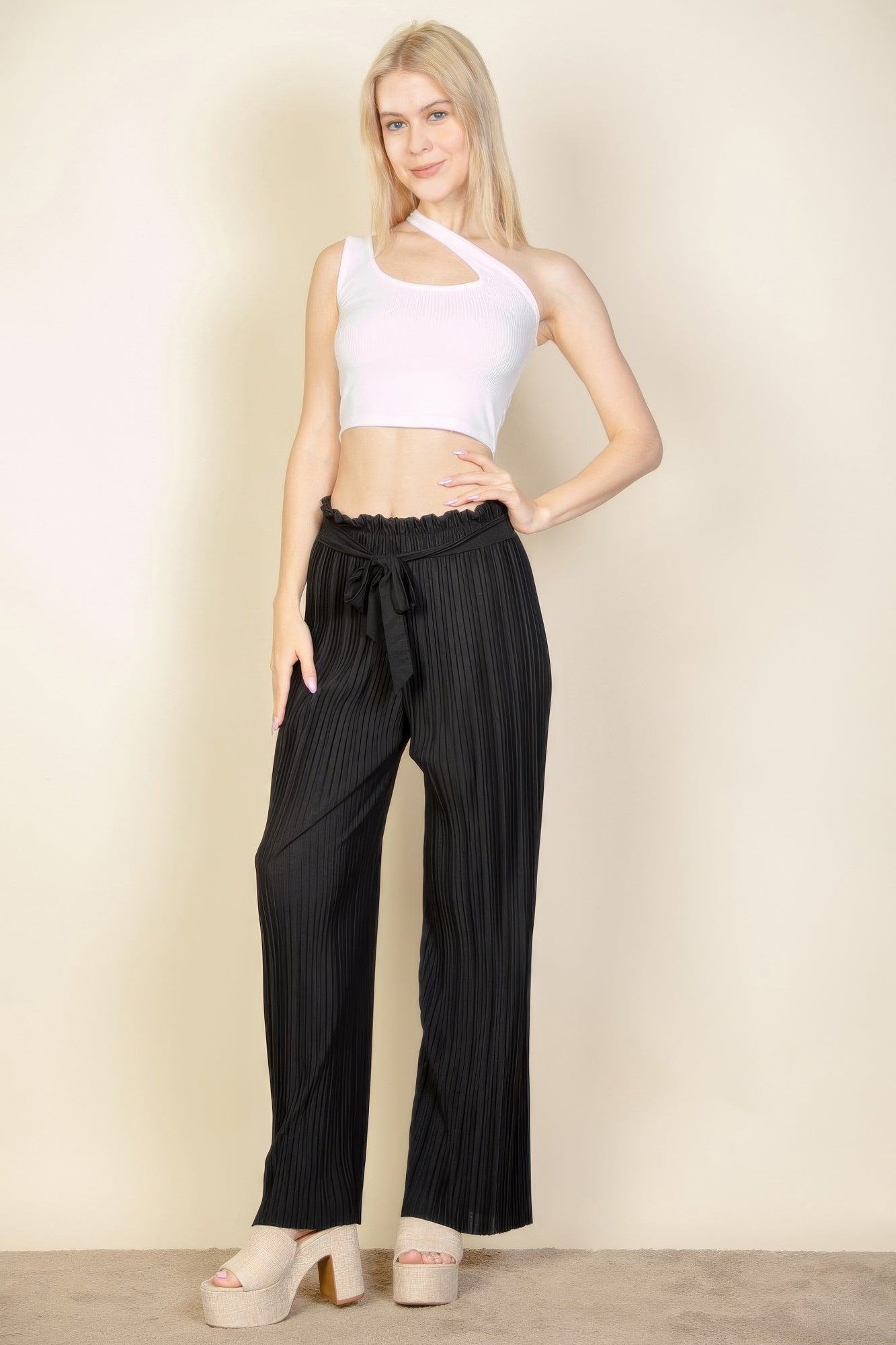 Pleated Stretch Crepe Pull - on Wide Leg Tie Front Pants - Wear Arielle