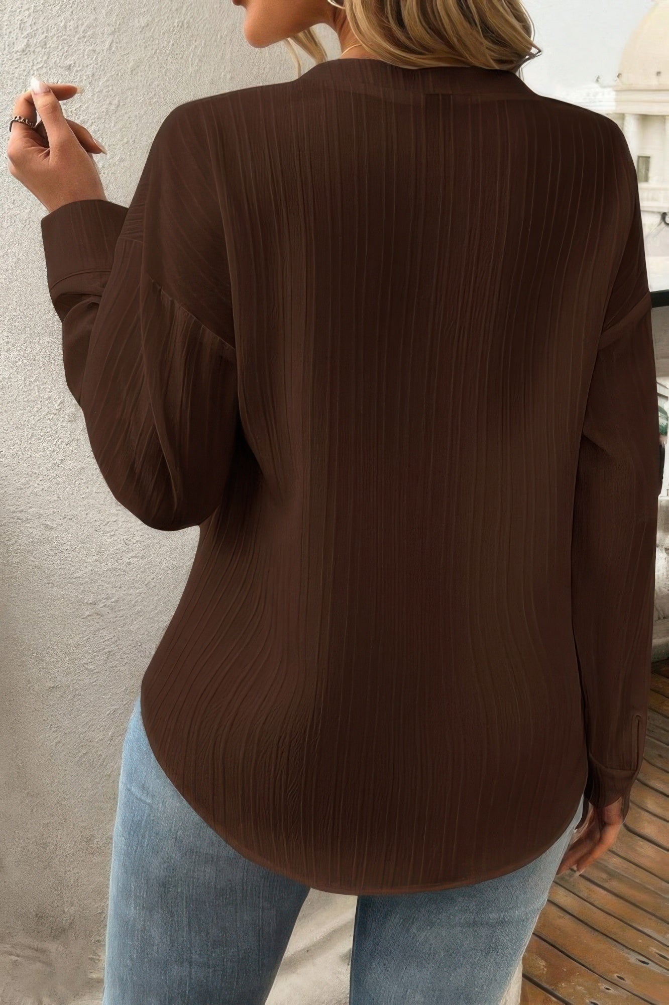Pleated V Neck Pockets Button Drop Shoulder Blouse - Wear Arielle