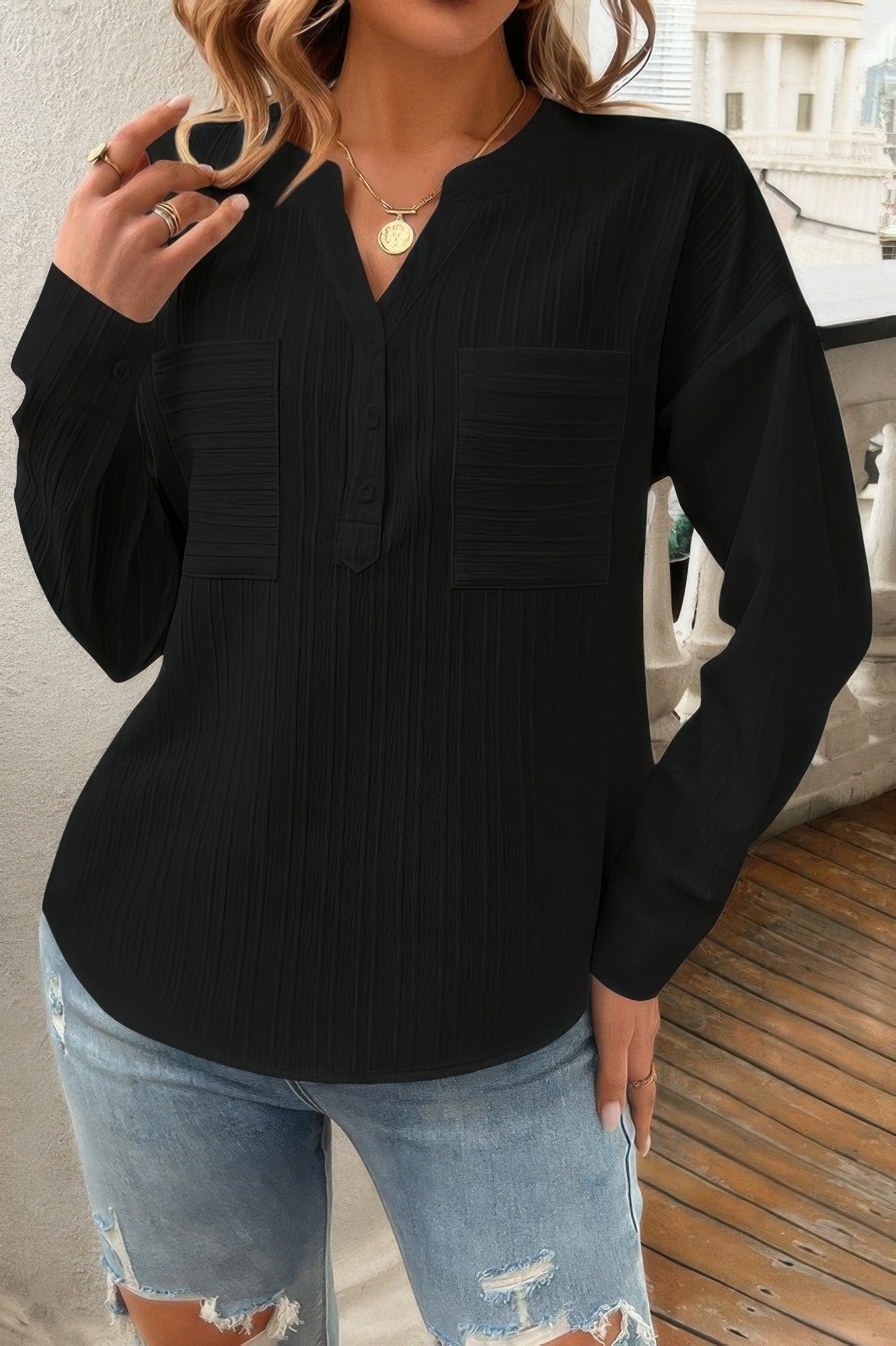 Pleated V Neck Pockets Button Drop Shoulder Blouse - Wear Arielle