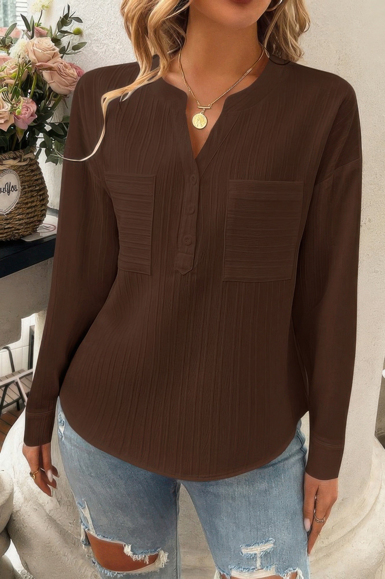 Pleated V Neck Pockets Button Drop Shoulder Blouse - Wear Arielle