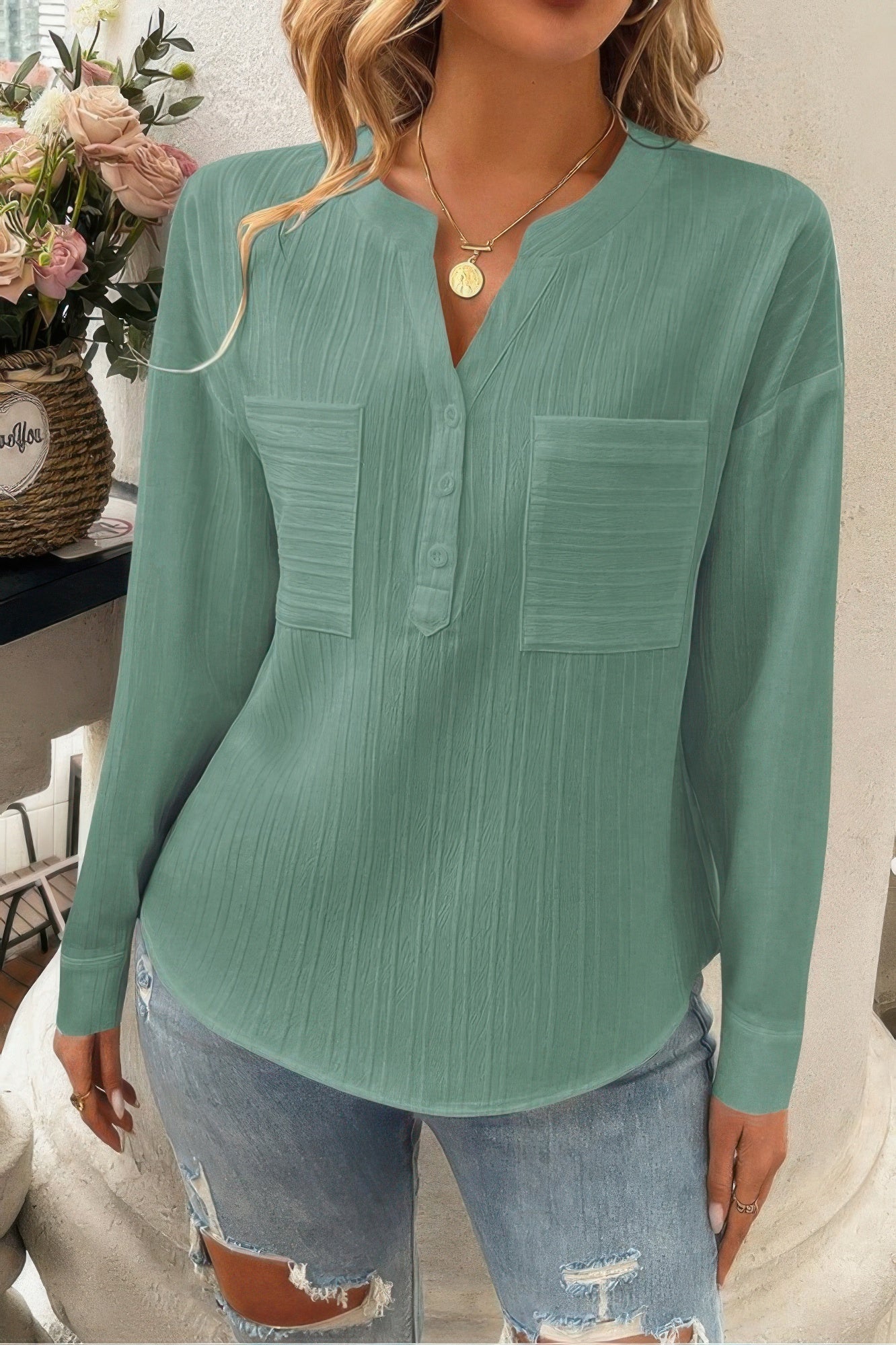 Pleated V Neck Pockets Button Drop Shoulder Blouse - Wear Arielle