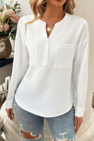 Pleated V Neck Pockets Button Drop Shoulder Blouse - Wear Arielle