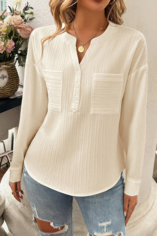 Pleated V Neck Pockets Button Drop Shoulder Blouse - Wear Arielle
