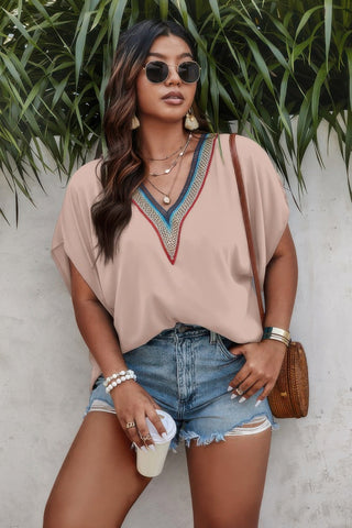 Plus Batwing Short Sleeve Lace V Neck Blouse - Wear Arielle