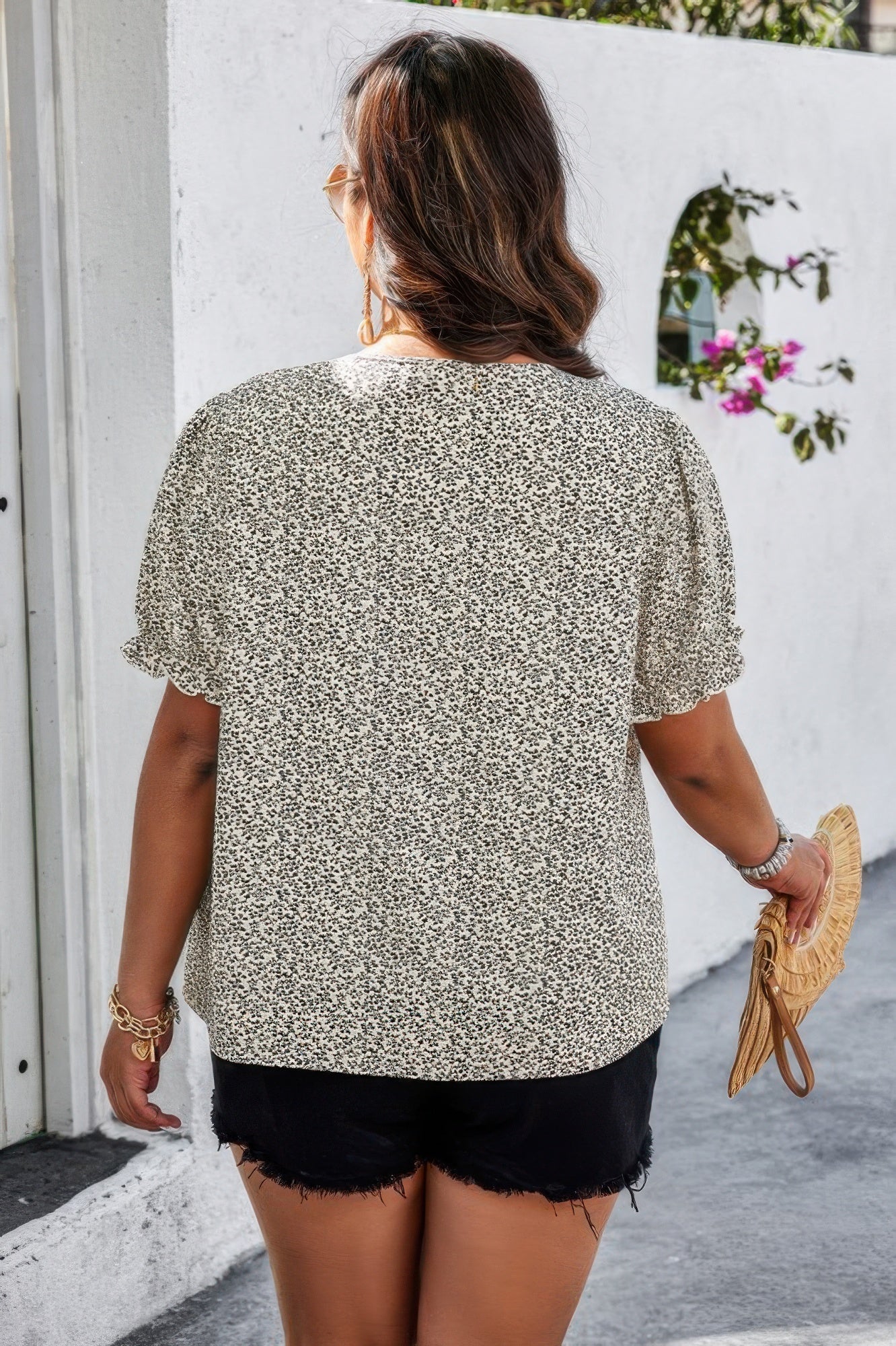 Plus Boho Flower Decoration Loose V Neck Shirt - Wear Arielle