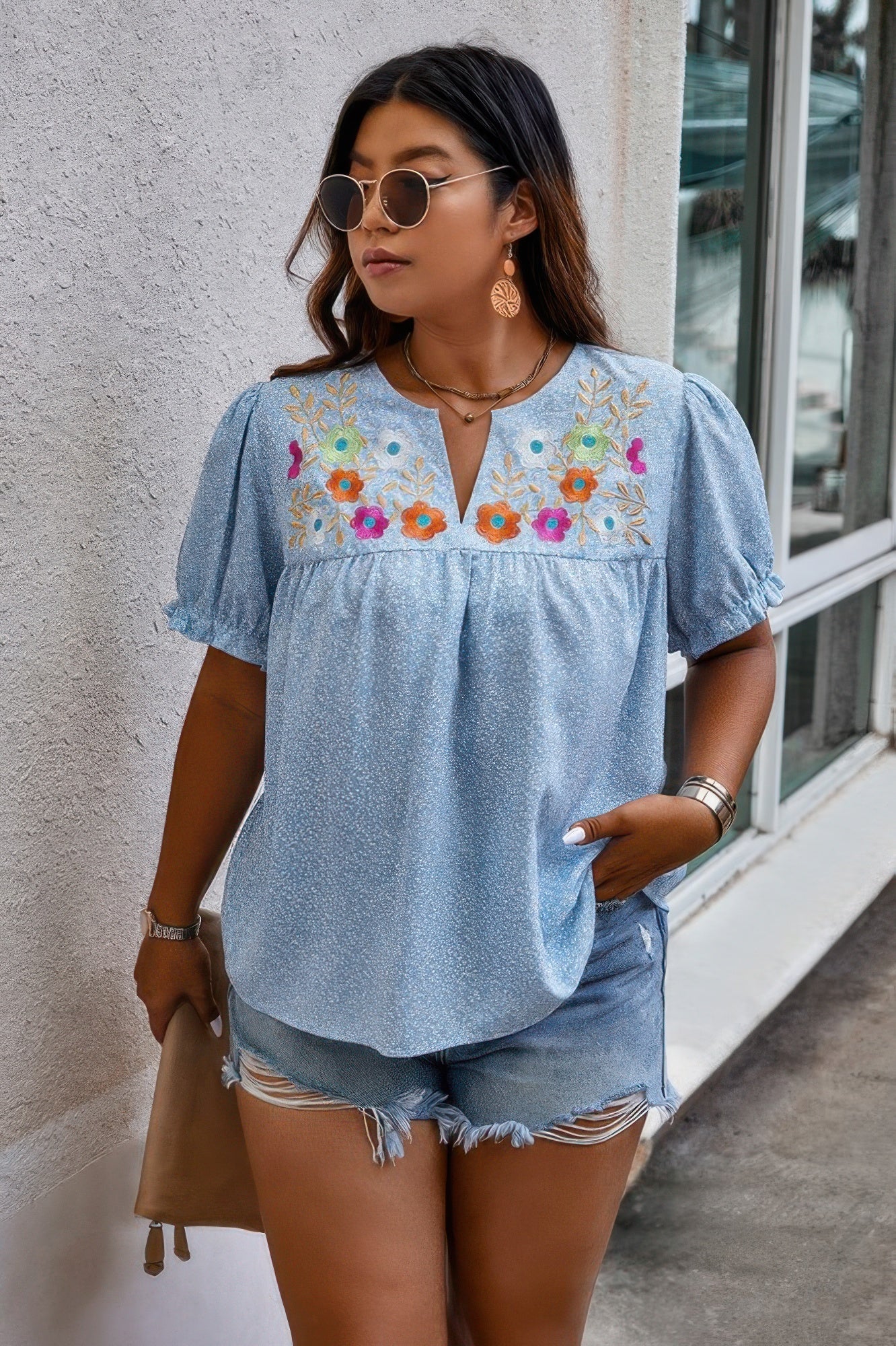 Plus Boho Flower Decoration Loose V Neck Shirt - Wear Arielle