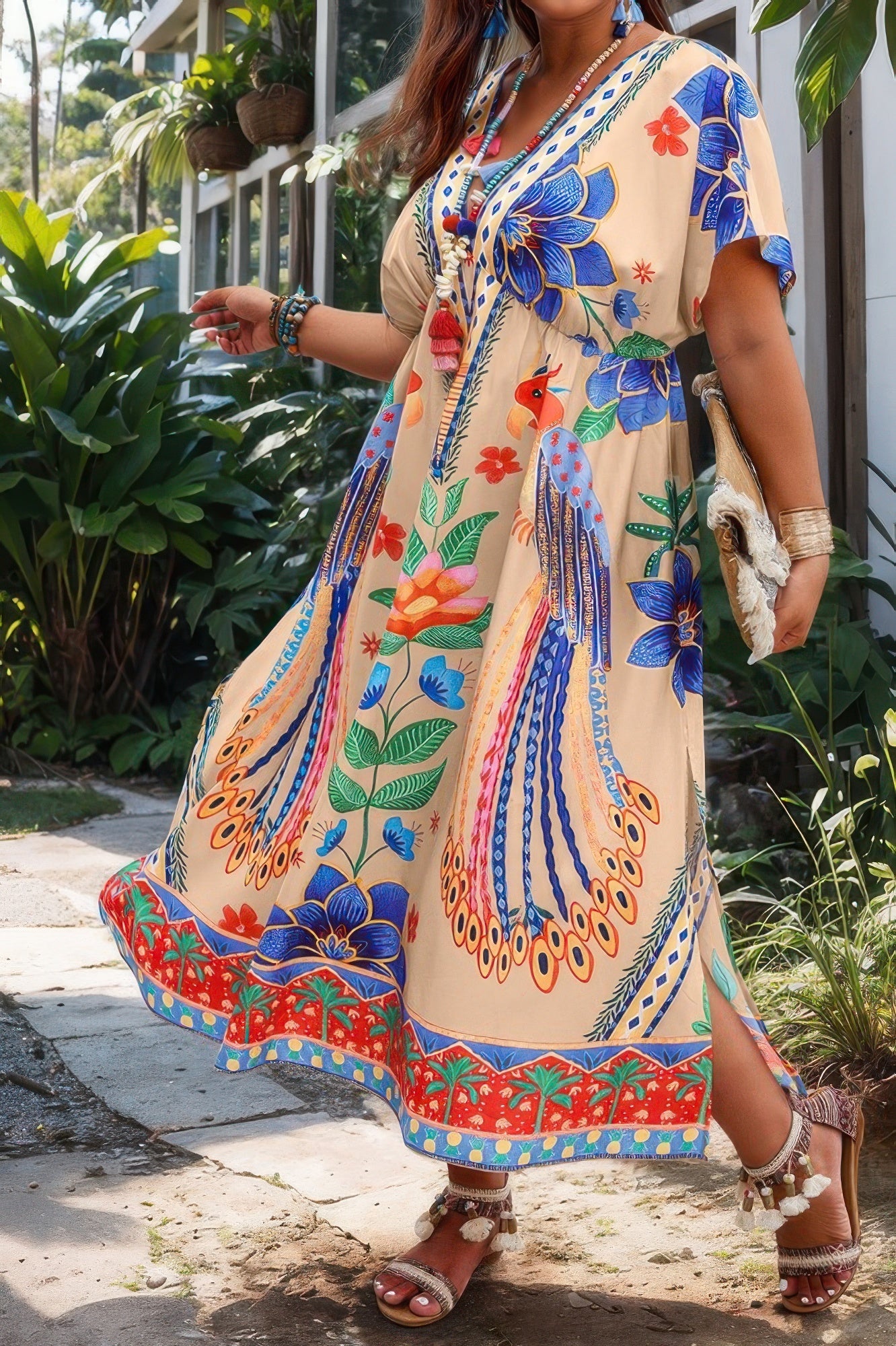 Plus Deep V Neck Allover Print High Waist Dress - Wear Arielle