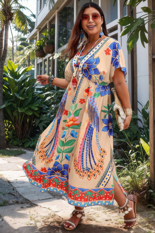 Plus Deep V Neck Allover Print High Waist Dress - Wear Arielle