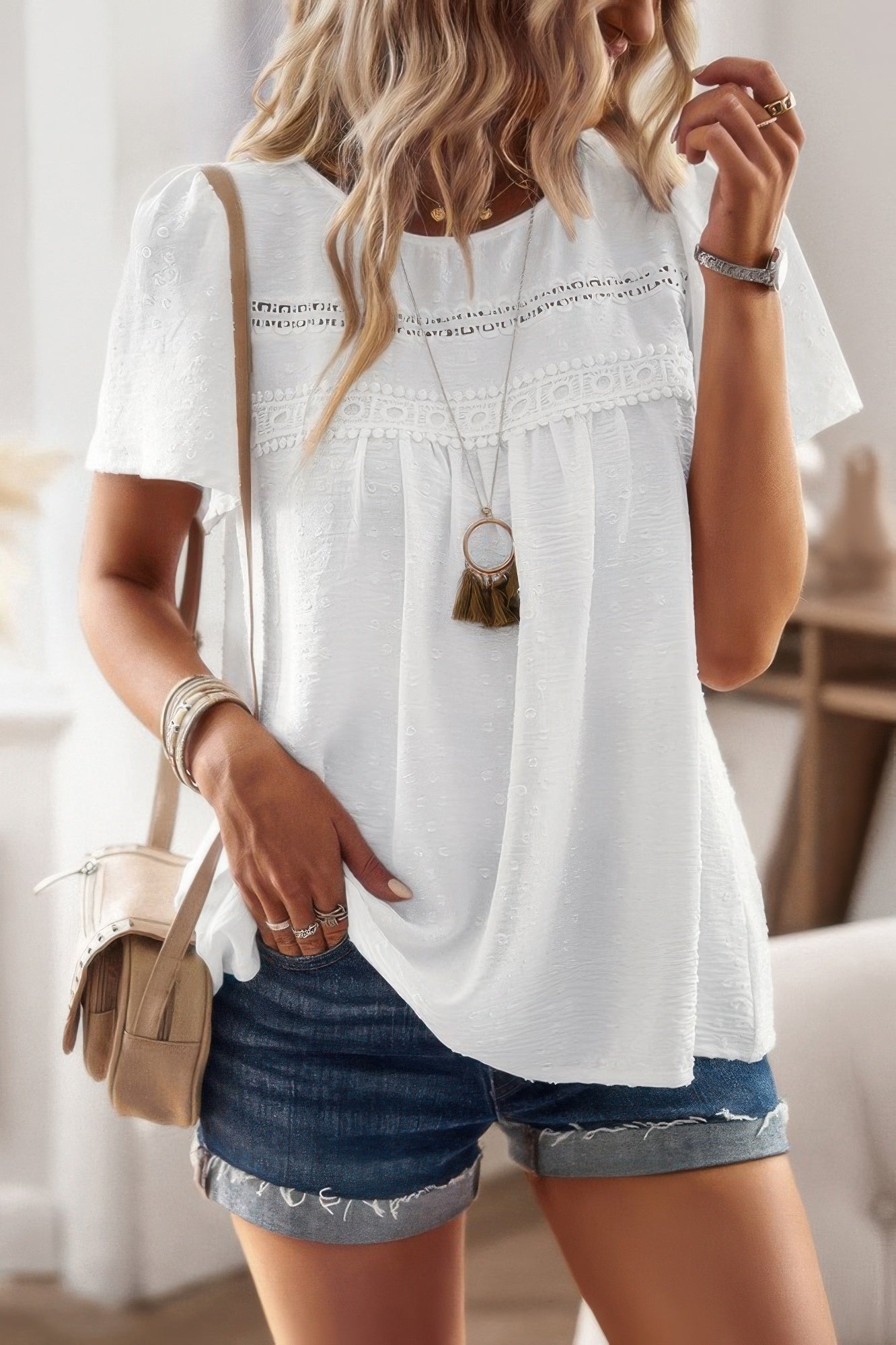 Plus Dot Cut Out Lace Trim Loose Fit Top - Wear Arielle