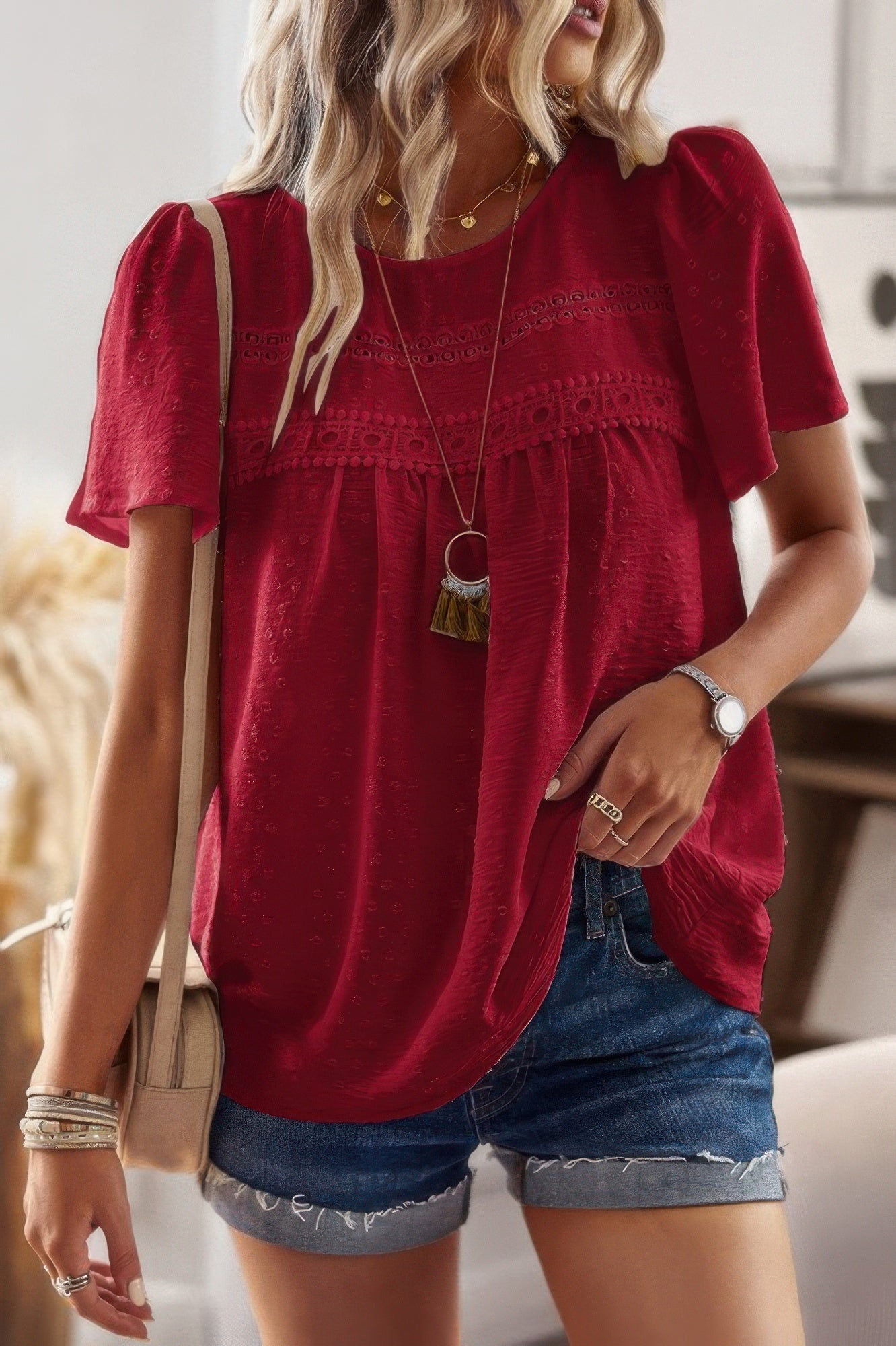 Plus Dot Cut Out Lace Trim Loose Fit Top - Wear Arielle