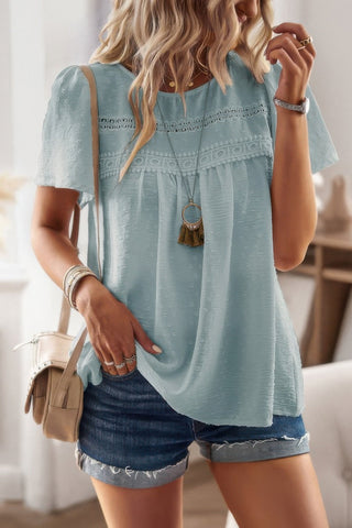 Plus Dot Cut Out Lace Trim Loose Fit Top - Wear Arielle