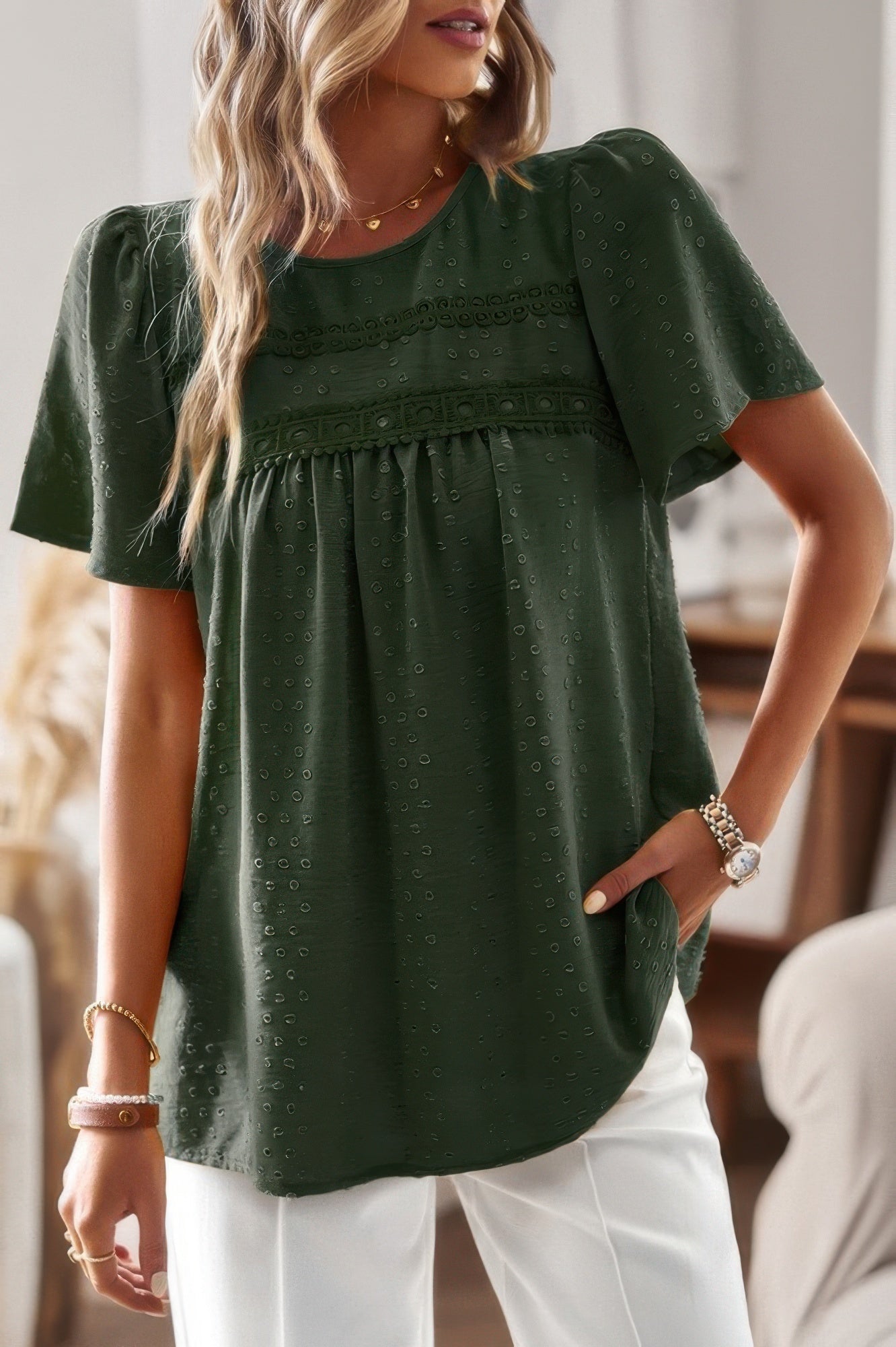 Plus Dot Cut Out Lace Trim Loose Fit Top - Wear Arielle