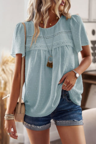 Plus Dot Cut Out Lace Trim Loose Fit Top - Wear Arielle