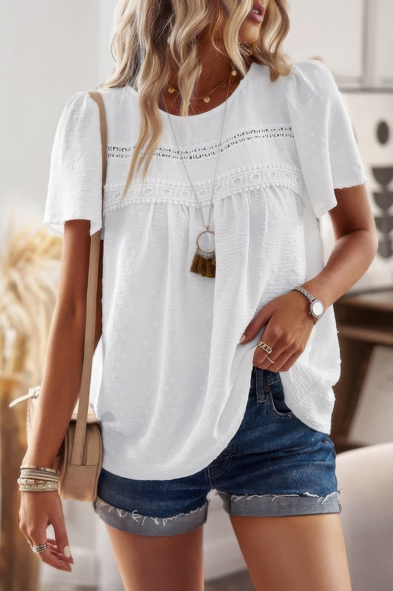 Plus Dot Cut Out Lace Trim Loose Fit Top - Wear Arielle