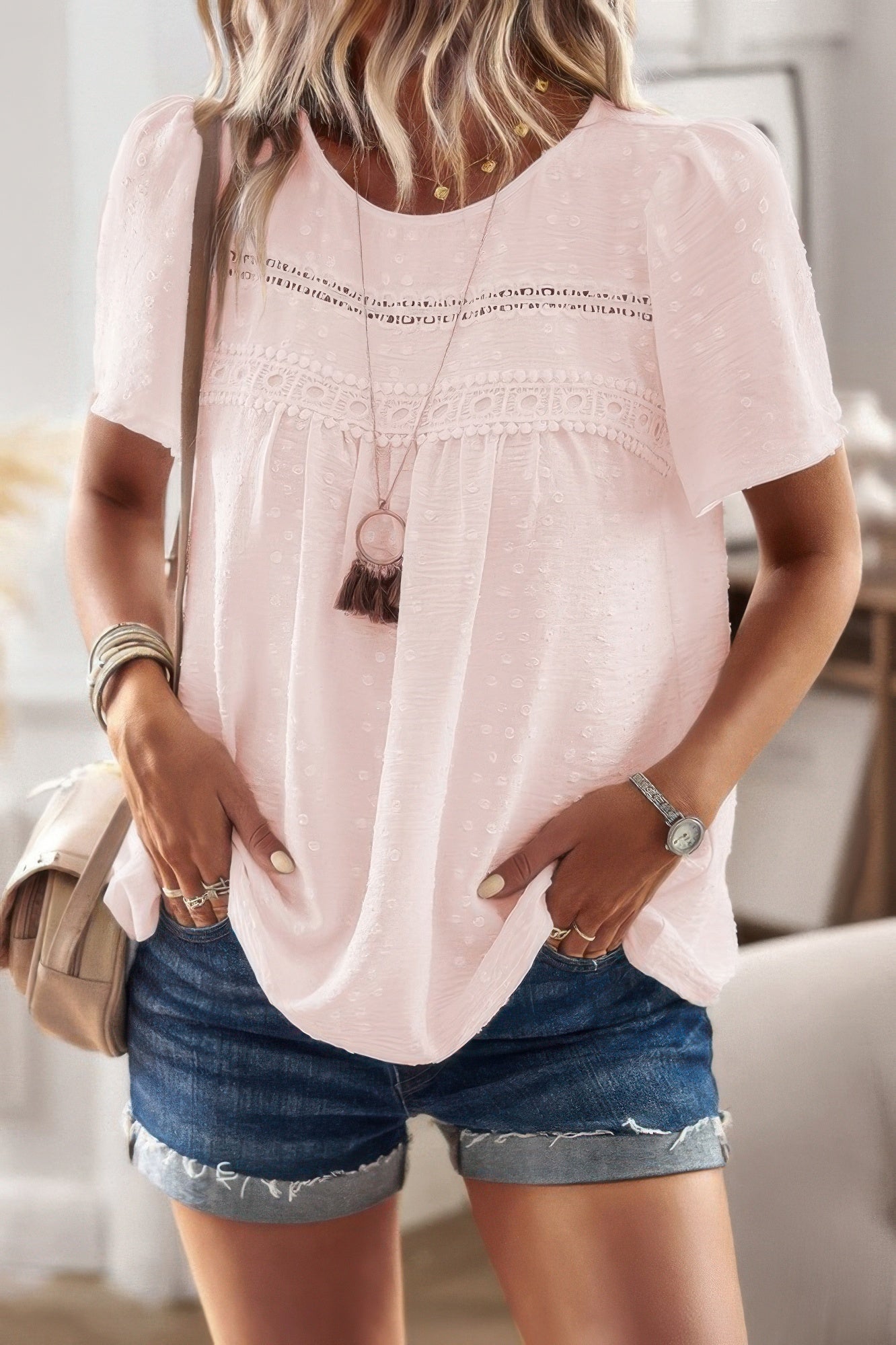 Plus Dot Cut Out Lace Trim Loose Fit Top - Wear Arielle