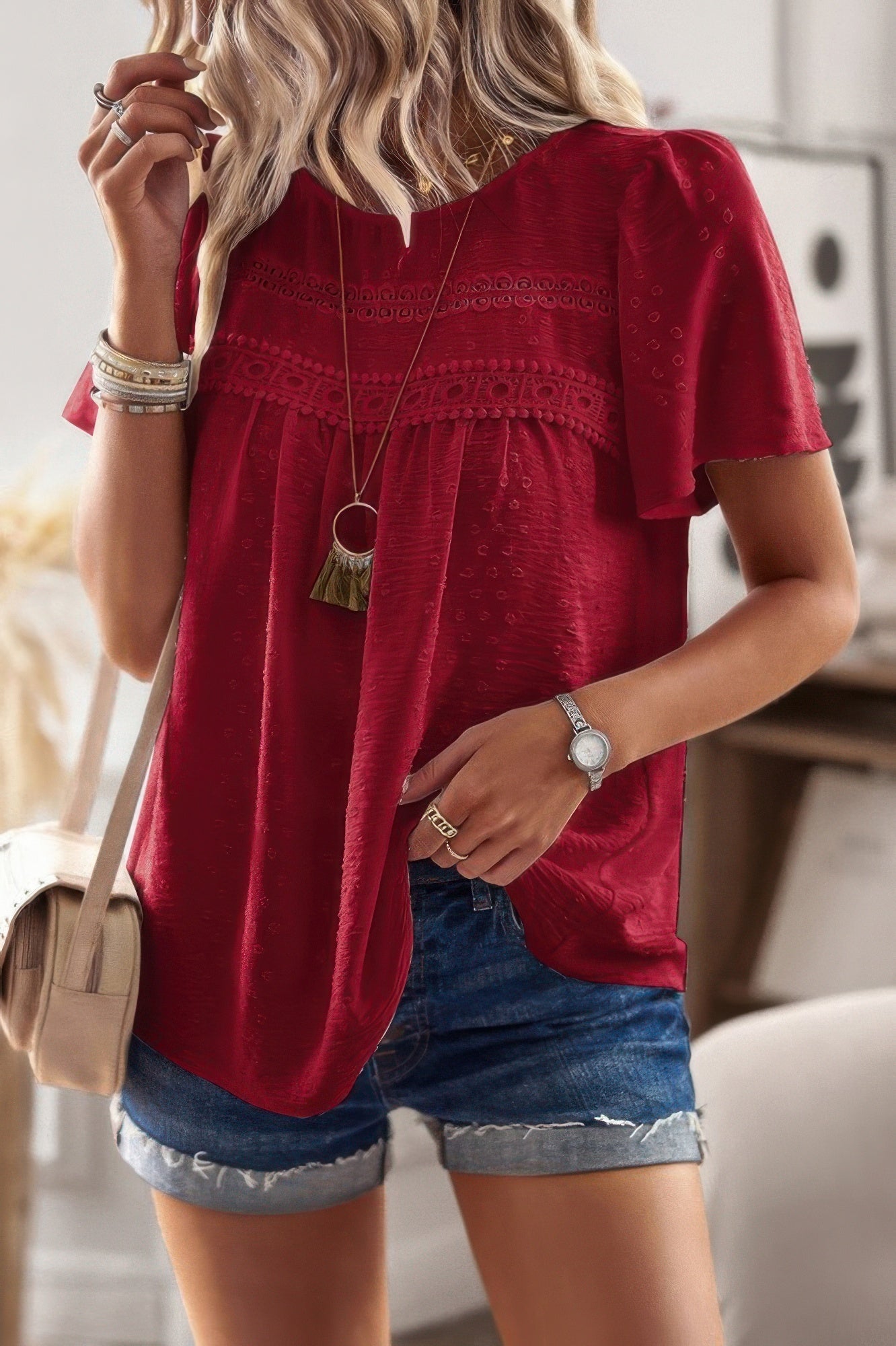 Plus Dot Cut Out Lace Trim Loose Fit Top - Wear Arielle