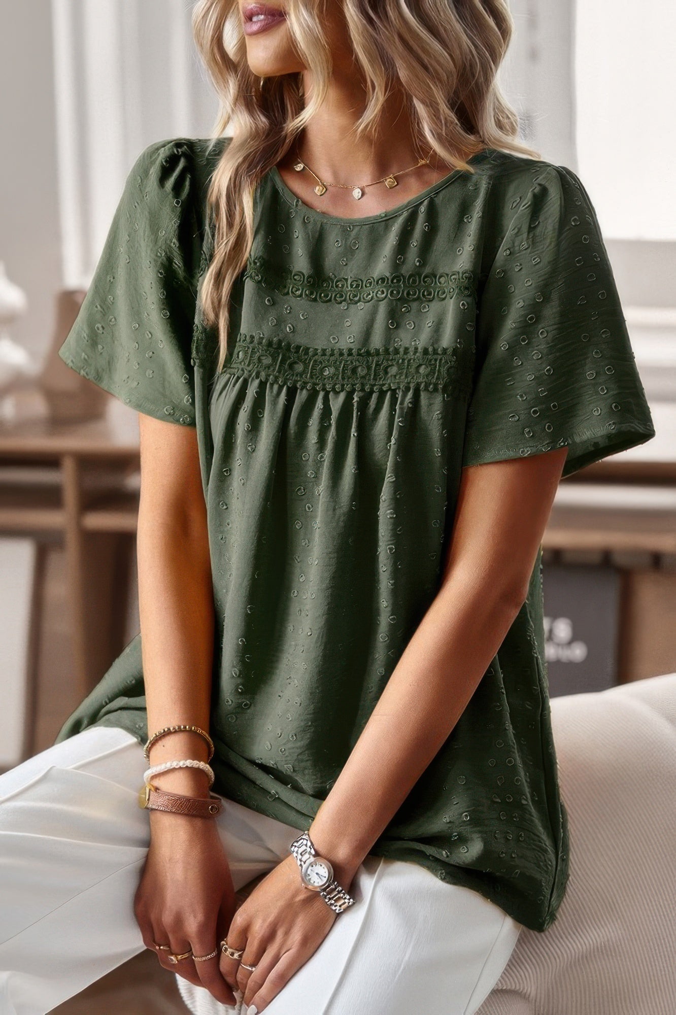 Plus Dot Cut Out Lace Trim Loose Fit Top - Wear Arielle