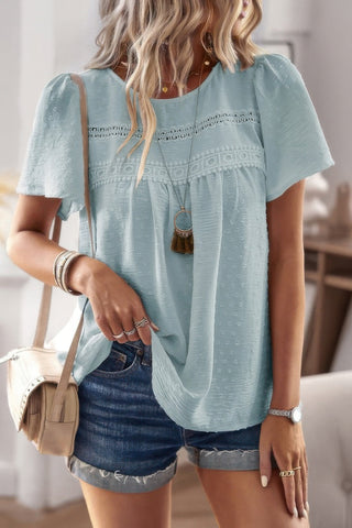 Plus Dot Cut Out Lace Trim Loose Fit Top - Wear Arielle