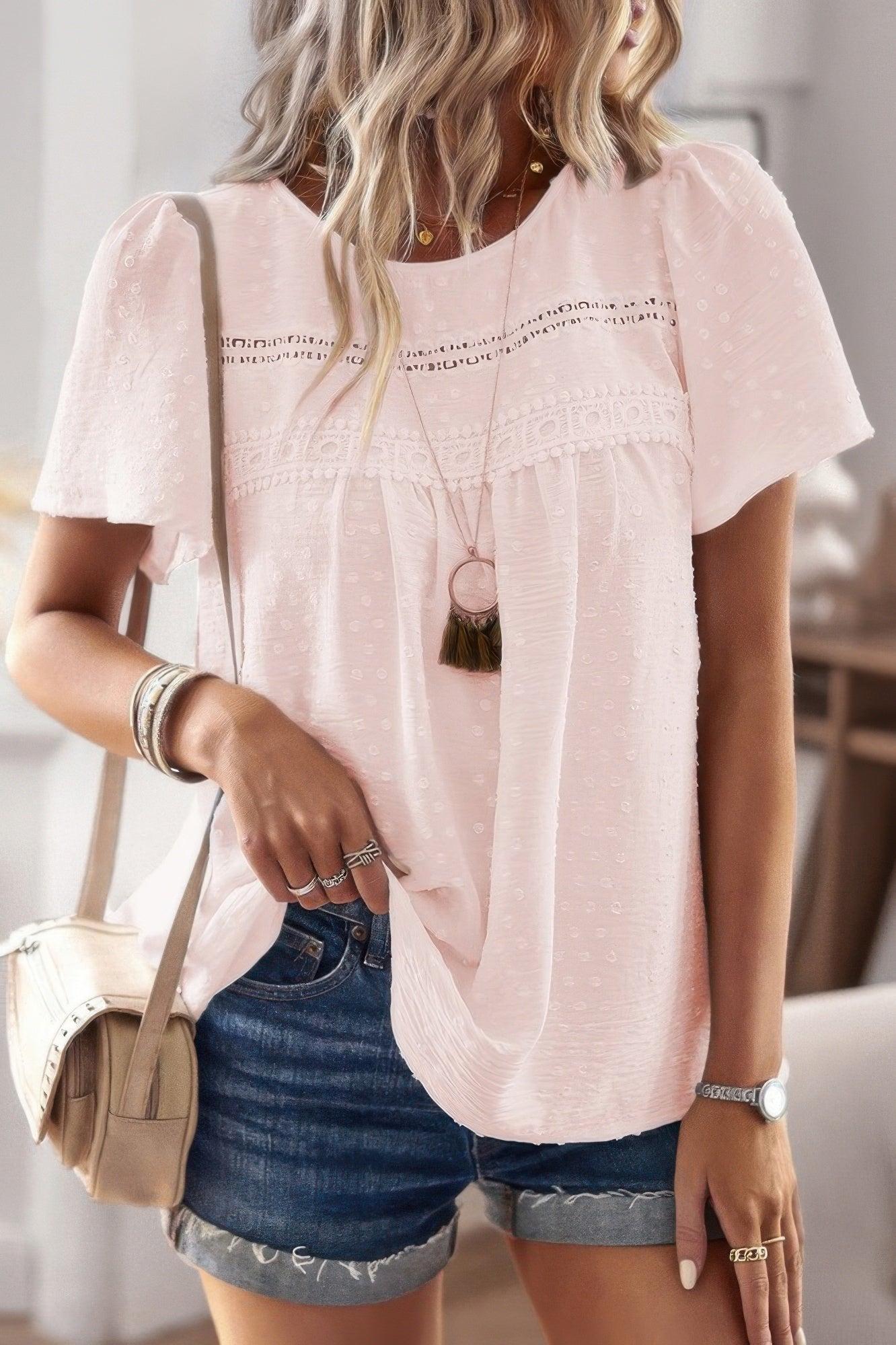 Plus Dot Cut Out Lace Trim Loose Fit Top - Wear Arielle