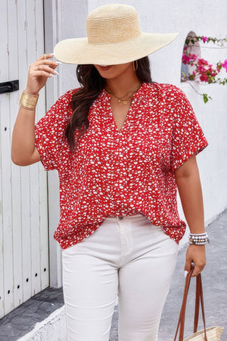 Plus Floral Print V Neck Short Sleeve Loose Blouse - Wear Arielle