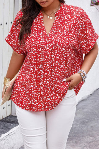 Plus Floral Print V Neck Short Sleeve Loose Blouse - Wear Arielle