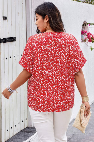 Plus Floral Print V Neck Short Sleeve Loose Blouse - Wear Arielle