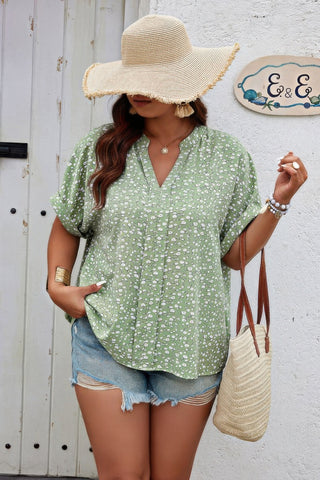 Plus Floral Print V Neck Short Sleeve Loose Blouse - Wear Arielle