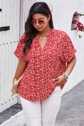 Plus Floral Print V Neck Short Sleeve Loose Blouse - Wear Arielle