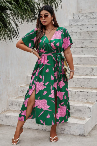 Plus Floral Short Sleeve Split Belted Midi Dress - Wear Arielle