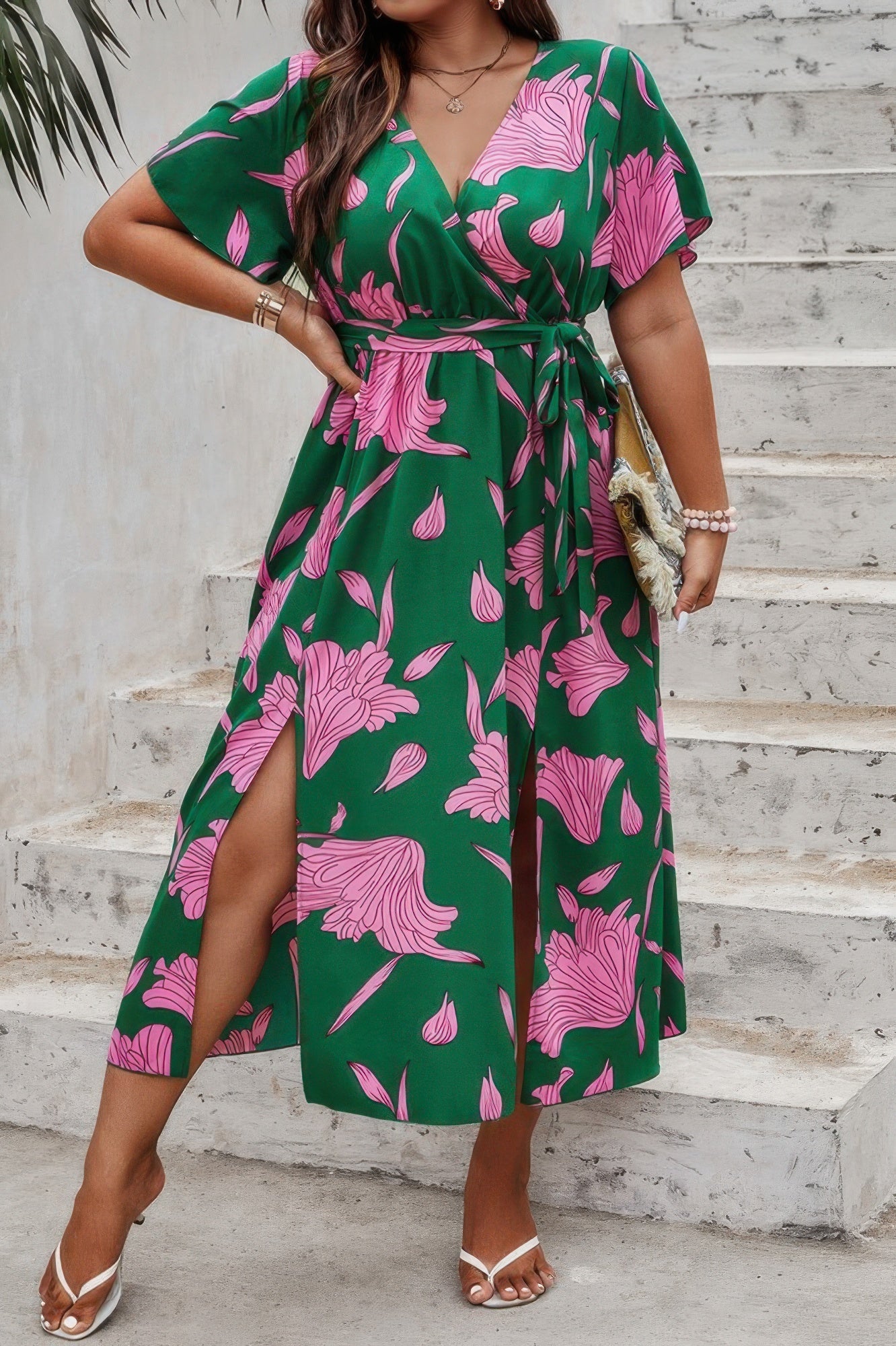 Plus Floral Short Sleeve Split Belted Midi Dress - Wear Arielle