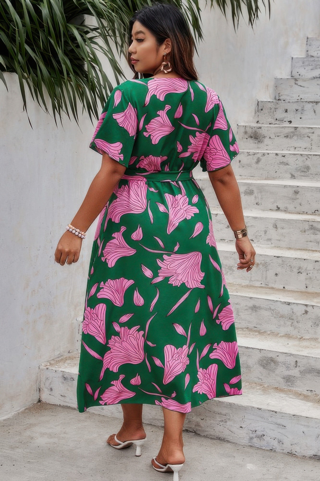 Plus Floral Short Sleeve Split Belted Midi Dress - Wear Arielle