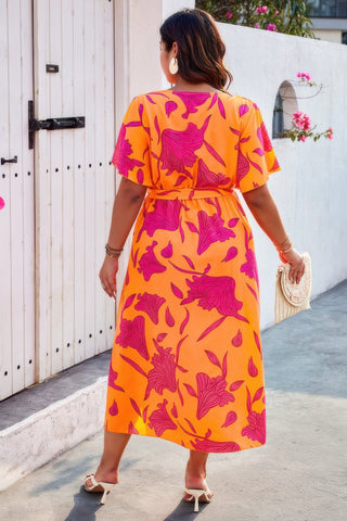 Plus Floral Short Sleeve Split Belted Midi Dress - Wear Arielle