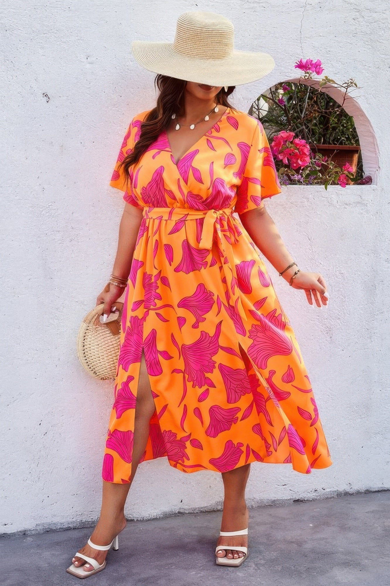 Plus Floral Short Sleeve Split Belted Midi Dress - Wear Arielle