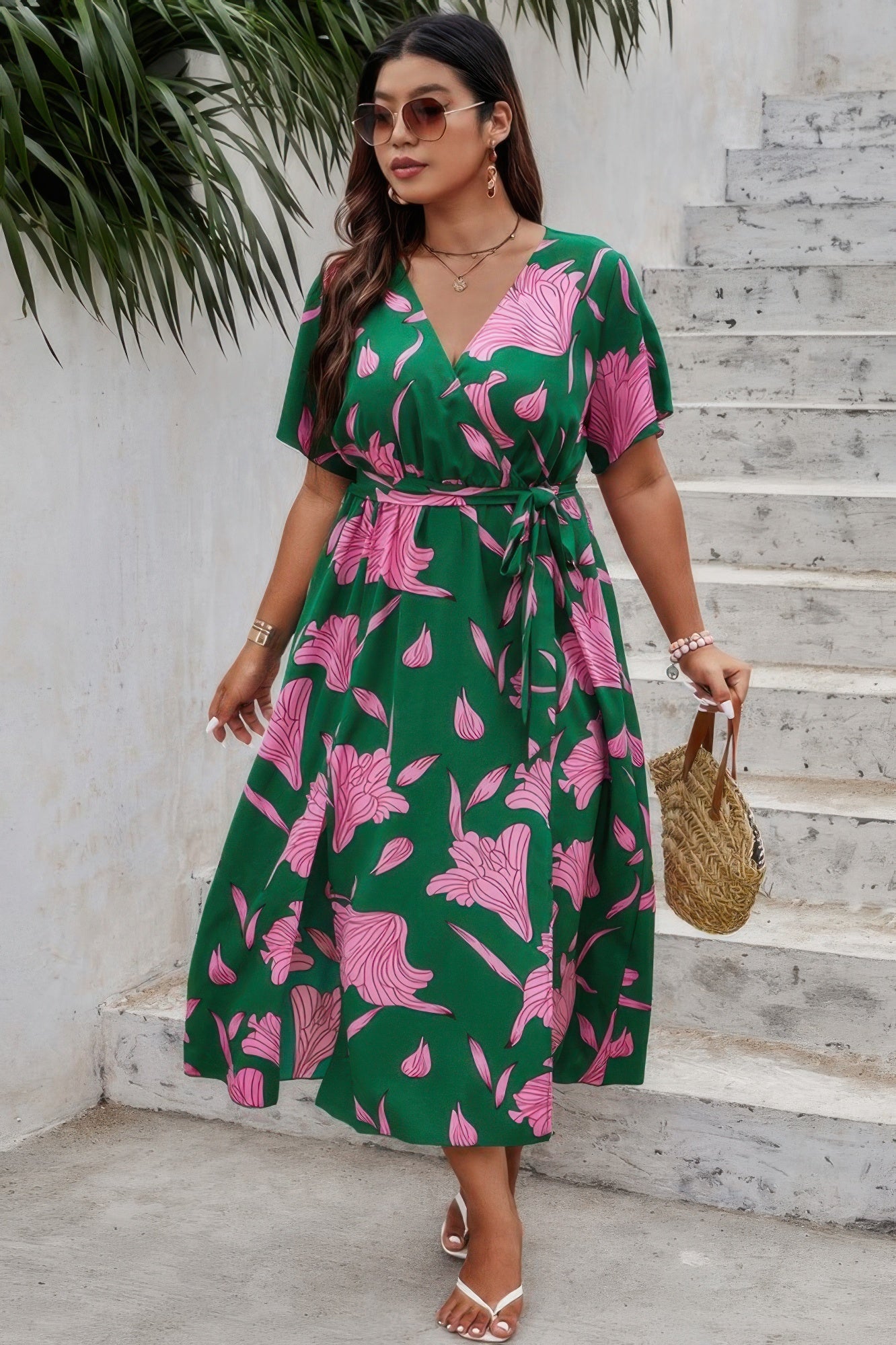 Plus Floral Short Sleeve Split Belted Midi Dress - Wear Arielle