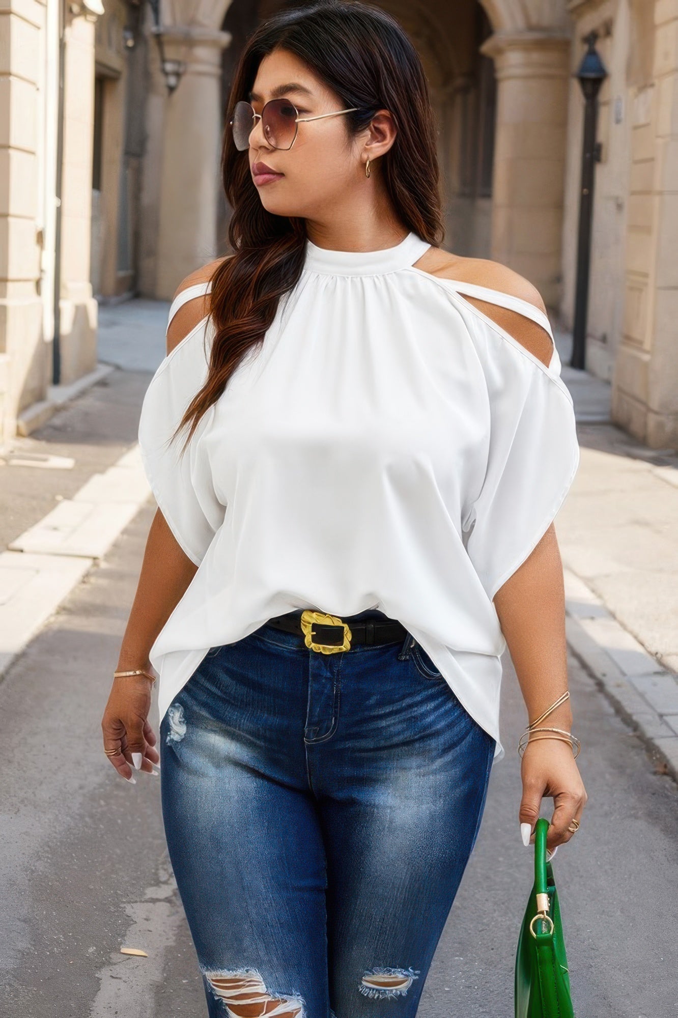 Plus Halter Open Shoulder Bat Sleeves Loose Top - Wear Arielle