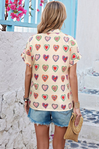 Plus Heart Print Button Down Batwing Sleeve Blouse - Wear Arielle