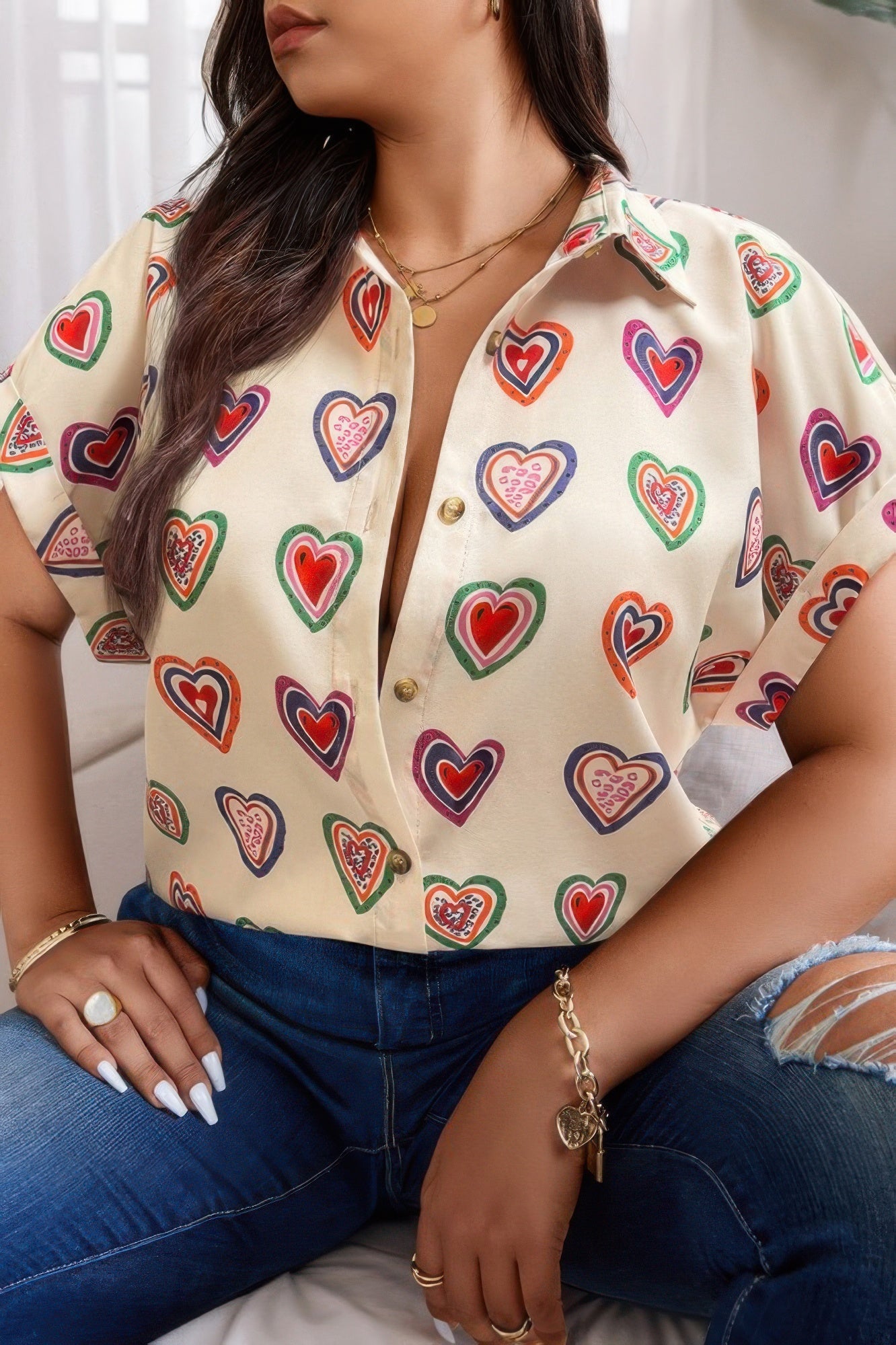 Plus Heart Print Button Down Batwing Sleeve Blouse - Wear Arielle