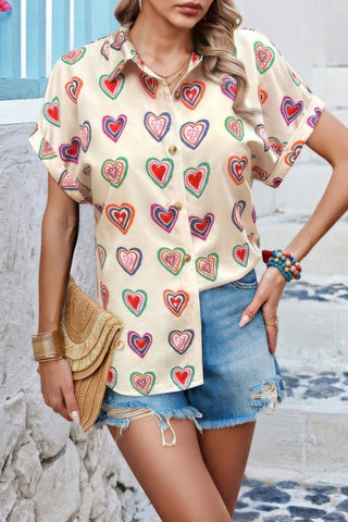 Plus Heart Print Button Down Batwing Sleeve Blouse - Wear Arielle