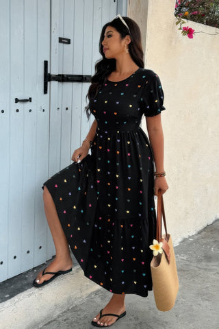 Plus Heart Print Round Neck Ruffle Hem Dress - Wear Arielle