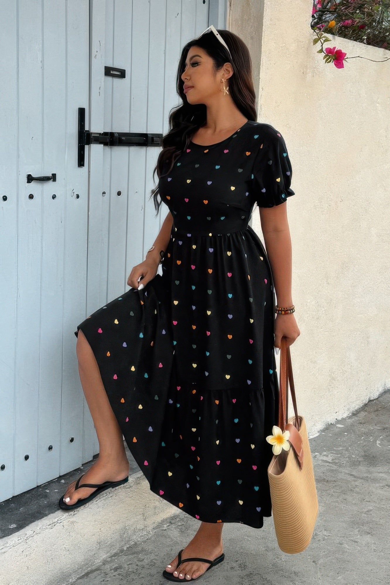 Plus Heart Print Round Neck Ruffle Hem Dress - Wear Arielle