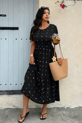 Plus Heart Print Round Neck Ruffle Hem Dress - Wear Arielle