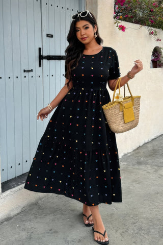 Plus Heart Print Round Neck Ruffle Hem Dress - Wear Arielle